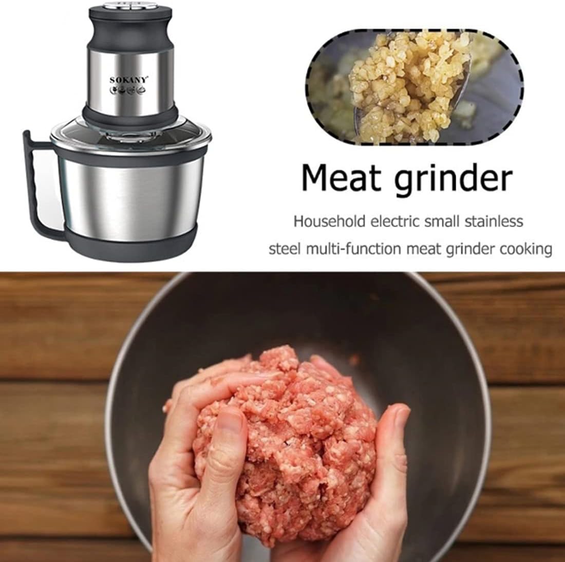 SOKANY Tritacarne Elettrico da Cucina 1500W con Ciotola in Acciaio Inox da 6,5L, Tritatutto con 3 Livelli di Velocità, Robot da Cucina con 4 Lame per Carne, Cipolle, Frutta, Verdura