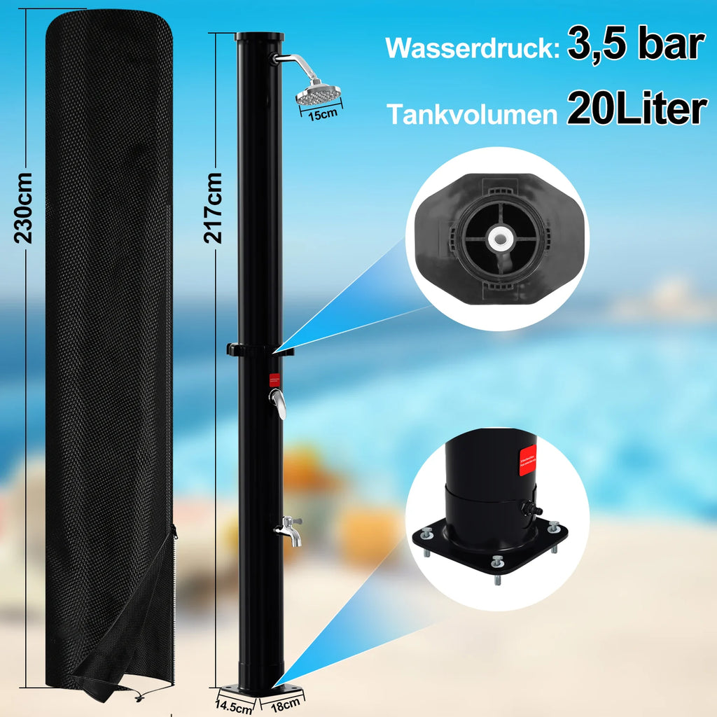 Sonnewelt Solardusche mit Duschkopf, Fudusche und Schutzabdeckung 20L