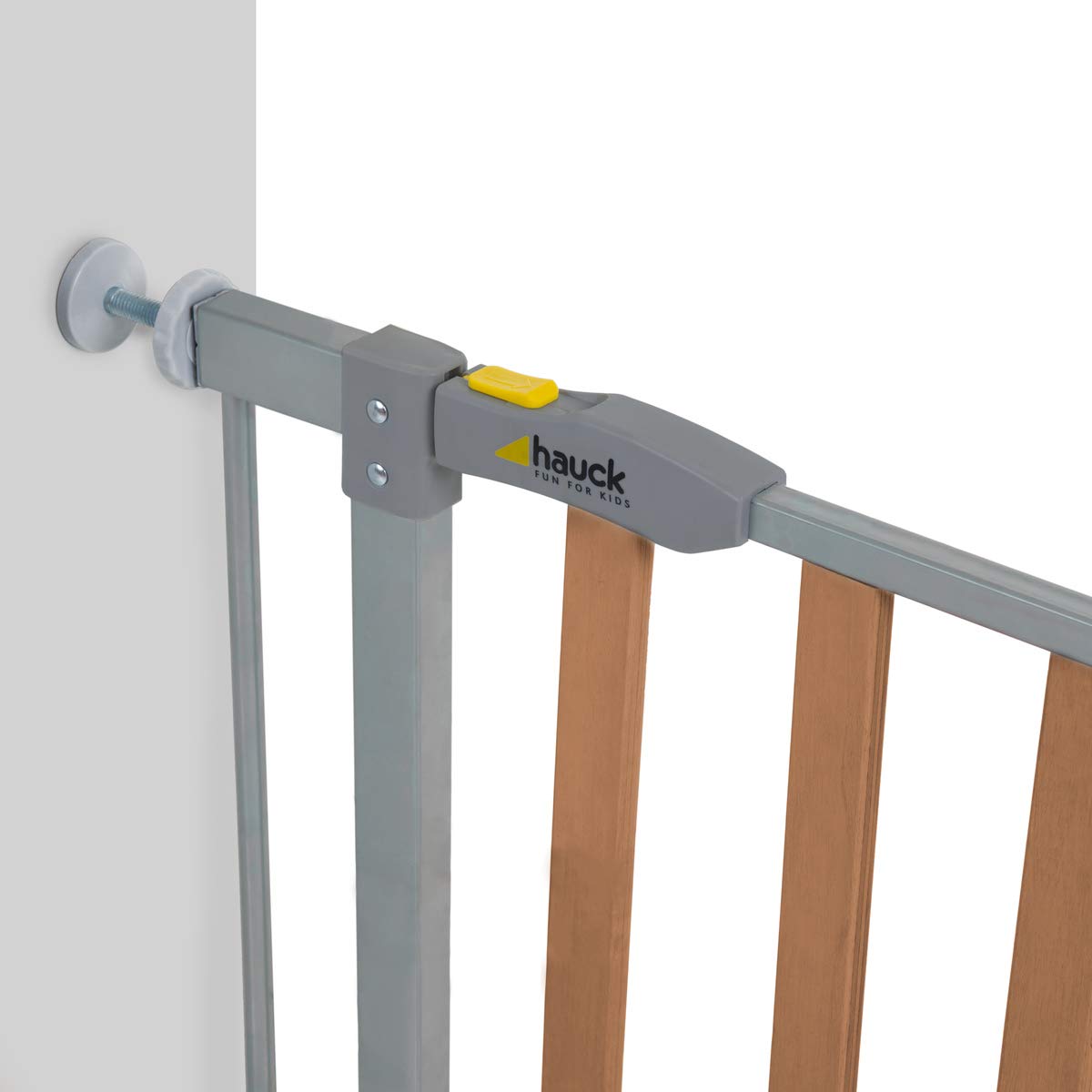hauck Treppenschutzgitter / Türschutzgitter mit Holzoptik Woodlock 2 mit 9 cm Verlngerung für Breiten 84 - 89 cm, ohne Bohren, 0-24 Monate, Einhndiges ffnen, Beidseitig Schwenkbar, Metall (Silver)