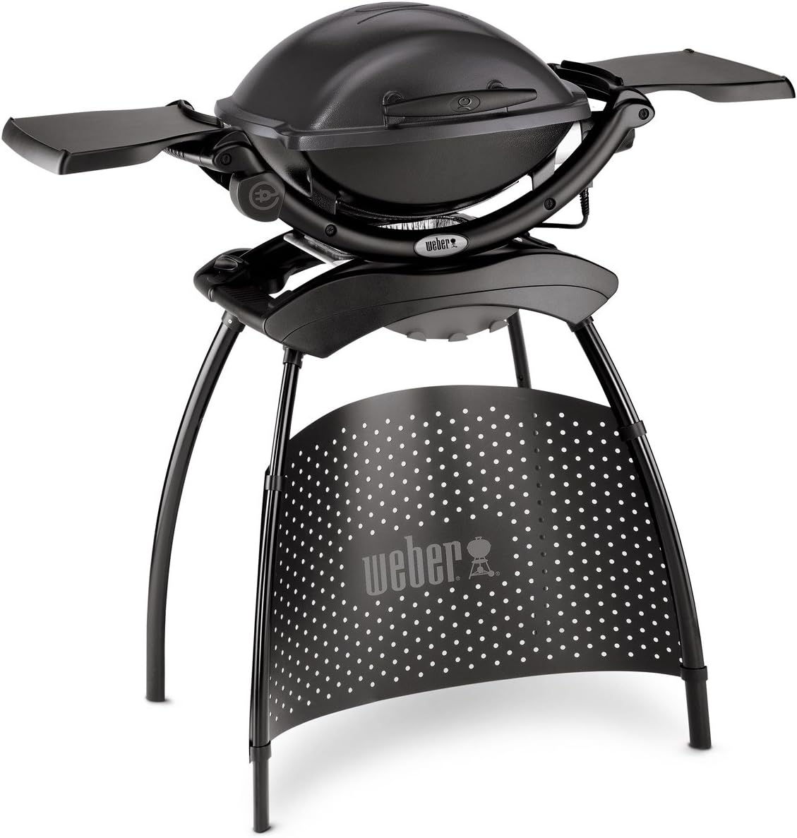 Weber Q1400 Barbecue Elettrico con Supporto, Area di Cottura 43 x 32 cm, Barbecue Portatile, Griglia di Cottura in Ghisa Smaltata in Due Pezzi, Coperchio e Braciere in Alluminio Pressofuso - Grigio Scuro (52020879)