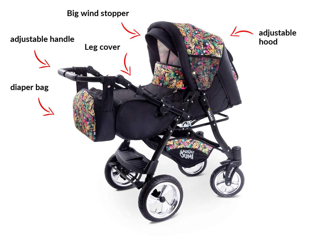 GaGaDumi Urbano 3 in 1 Kombikinderwagen Kinderwagen mit Autositz Komplettset incl Babyschale Buggy Wickeltasche Regenschutz Moskitonetz Voll-Gummireifen Beige/Schwarz