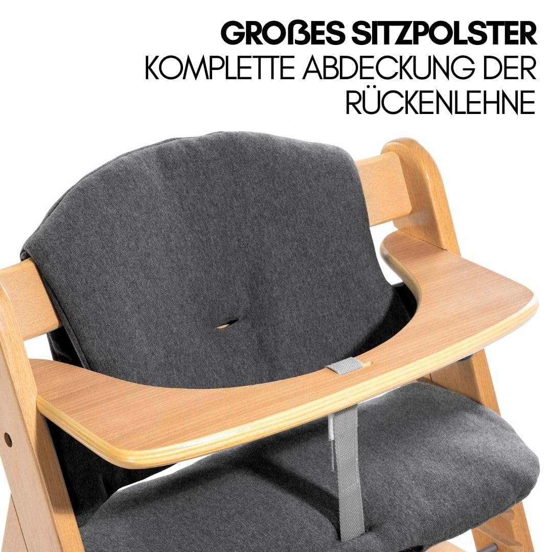 hauck Alpha Plus Newborn Set mit Premium Bouncer Dark Grey - Baby Holz Hochstuhl ab Geburt mit Liegefunktion - extra flacher Aufsatz für Neugeborene & Baumwoll Sitzpolster - Grau
