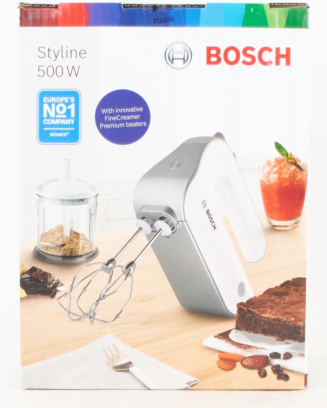 Bosch Hausgerte Handrührer Styline MFQ4080, 2 Rührbesen, 2 Edelstahl-Knethaken, spülmaschinengeeignet, Zerkleinerer, Pürierstab, 5 Stufen plus Turbostufe, 500 W, wei/silber