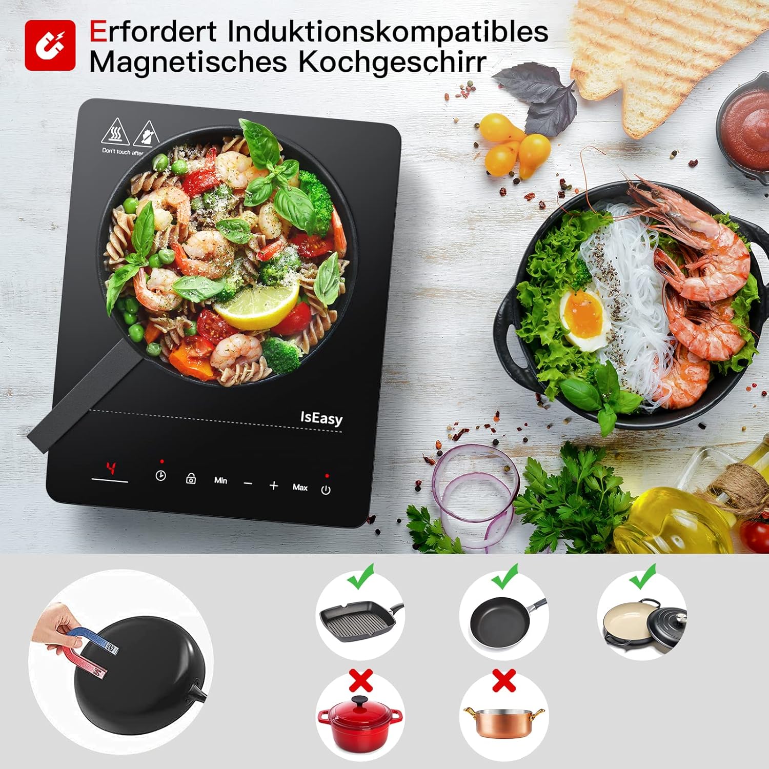 IsEasy 4 Zonen Einbau Induktionskochfeld mit 9 Leistungsstufen &1-99Min Timer, Boost-Funktion, Induktionskochplatte, Induktion Herdplatte mit 4 Platten, 60cm, 6800W, Schwarz