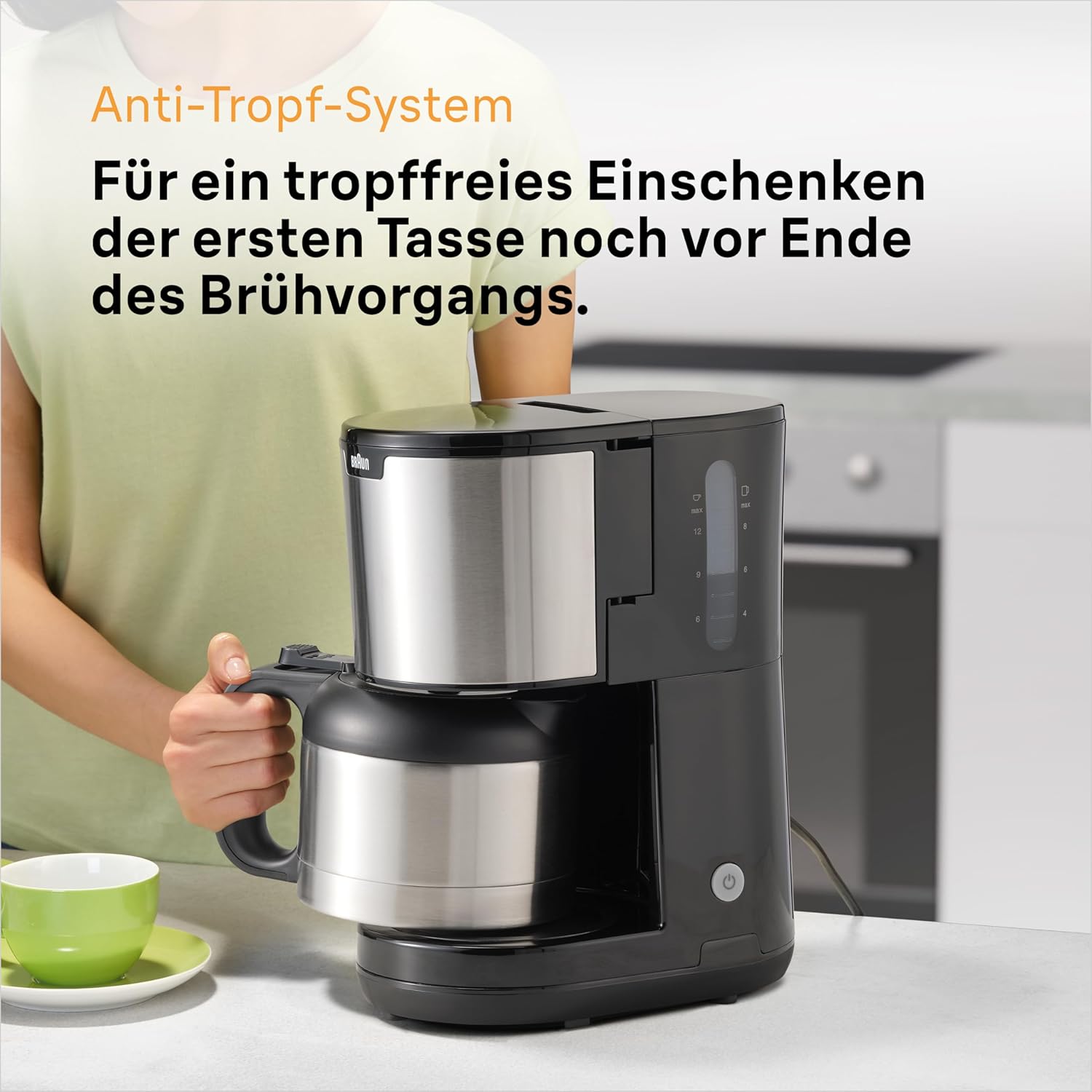 Braun PurShine KF1505 BK Filterkaffeemaschine, 1,2L Edelstahl-Thermokanne für bis zu 9 Tassen, OptiBrew-System, Tropf-Stopp-Funktion, schwenkbarer Filterkorb, Automatische Abschaltung, 1000W, Schwarz