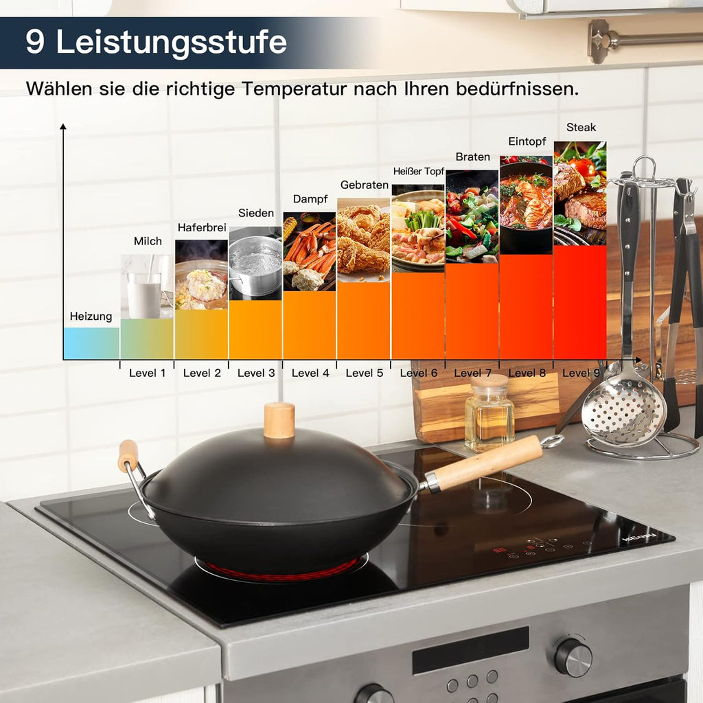 IsEasy 4 Zonen Einbau Induktionskochfeld mit 9 Leistungsstufen &1-99Min Timer, Boost-Funktion, Induktionskochplatte, Induktion Herdplatte mit 4 Platten, 60cm, 6800W, Schwarz