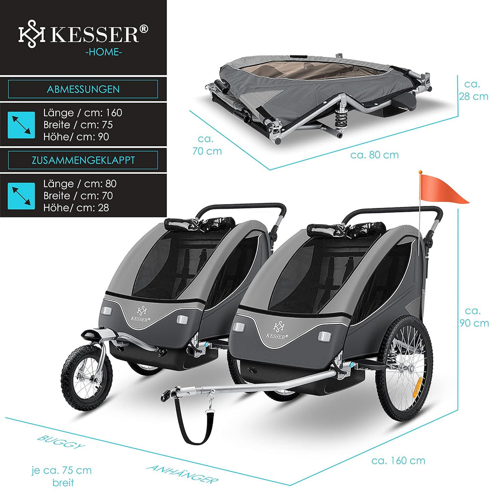 KESSER® Kinderanhänger Fahrradanhänger 360° Drehbar mit Federung 2in1 Joggerfunktion Kinderfahrradanhänger + 5-Punkt Gurt Jogger Fahrrad Anhänger für 1 bis 2 Kinder max. 40kg Inkl. Warnfahne, Schwarz