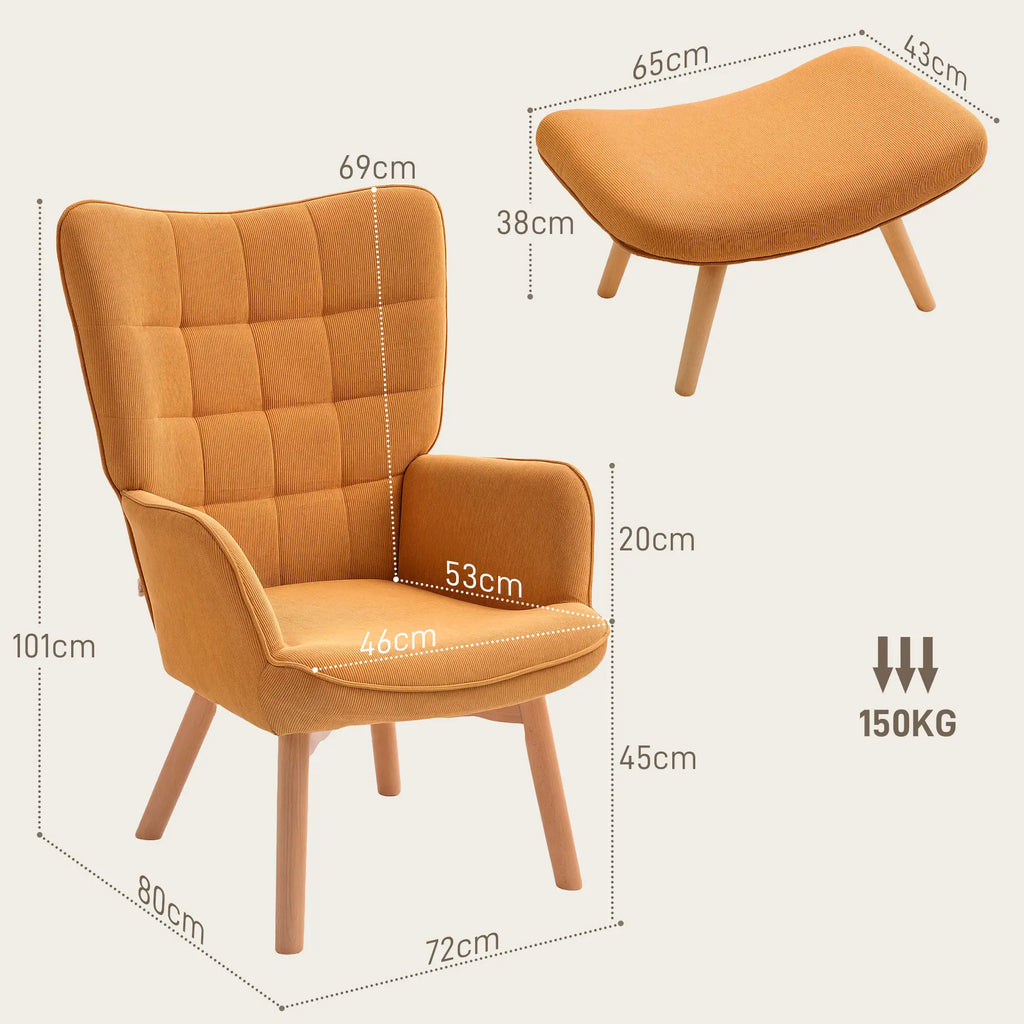 HOMCOM Poltrona Relax con Poggiapiedi, Set Poltrona Bergère in Legno di Faggio Effetto Velluto a Coste Marrone