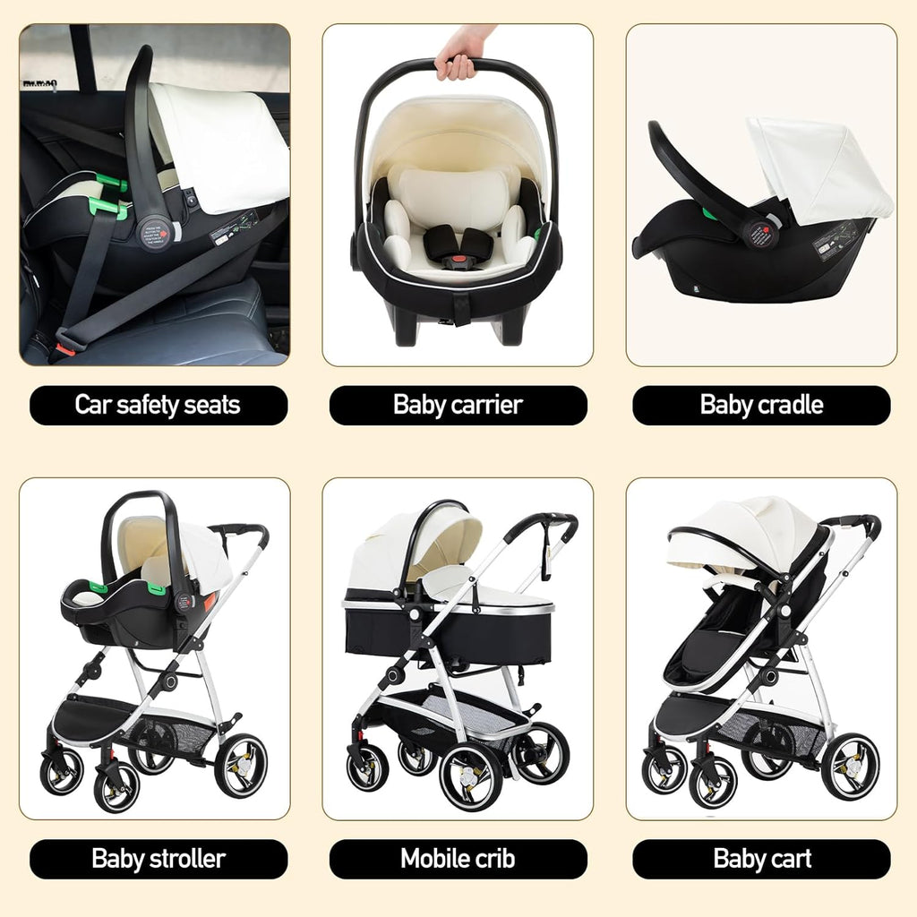 Gcarebb Passeggino 3 in 1, Buggy con Ovetto, Set Completo Passeggino Regolabile in Altezza, Passeggino Combinato con Telaio in Alluminio per Neonati 0-4 Anni