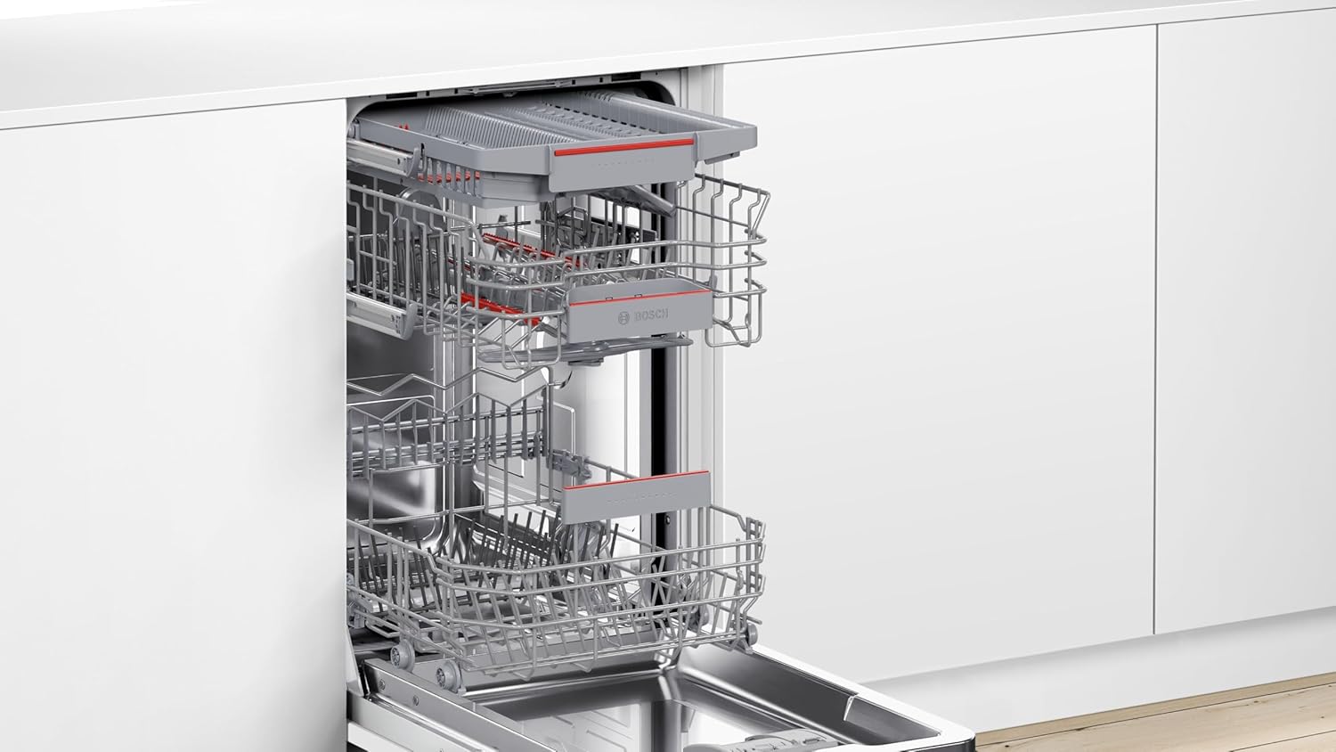 Bosch SPV2IKX10E Serie 2 Lavastoviglie smart a scomparsa totale, larghezza 45 cm, Cestello posate, Extra Asciugatura con la pressione di un pulsante, InfoLight punto luce rosso sul pavimento, AquaStop protezione dai danni causati dall'acqua, Bianco