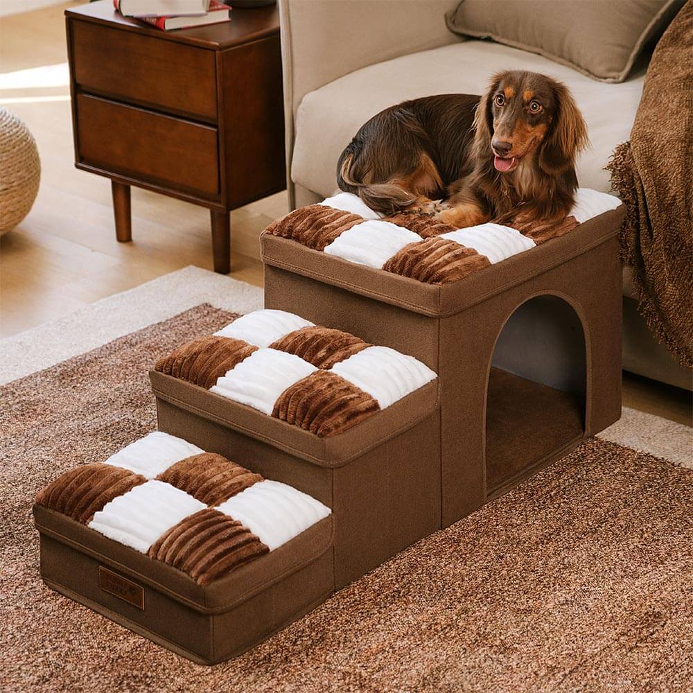 Scaletta multifunzionale per cani con vano portaoggetti e accogliente cuccia - Napsteps