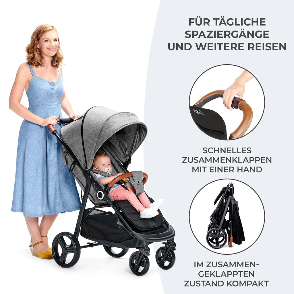 Kinderkraft GRANDE PLUS Passeggino Kinderkraft dalla nascita fino a 22 kg, chiusura con una mano, posizione reclinata, cappottina grande con finestra, tutte e 4 le ruote ammortizzate, seduta spaziosa, Grigio