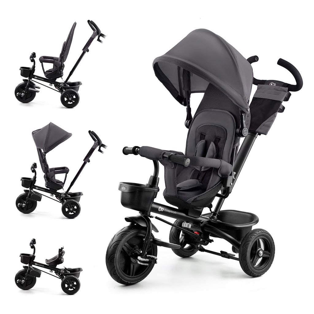 Kinderkraft AVEO Dreirad ab 9 Monate bis 25 kg, Kinderdreirad mit schubstange, Kompakte zusammenklappen, drehbarer Sitz, ausklappbarem Verdeck mit sonnenschutz, Getränkehalter korb im set, Rosa