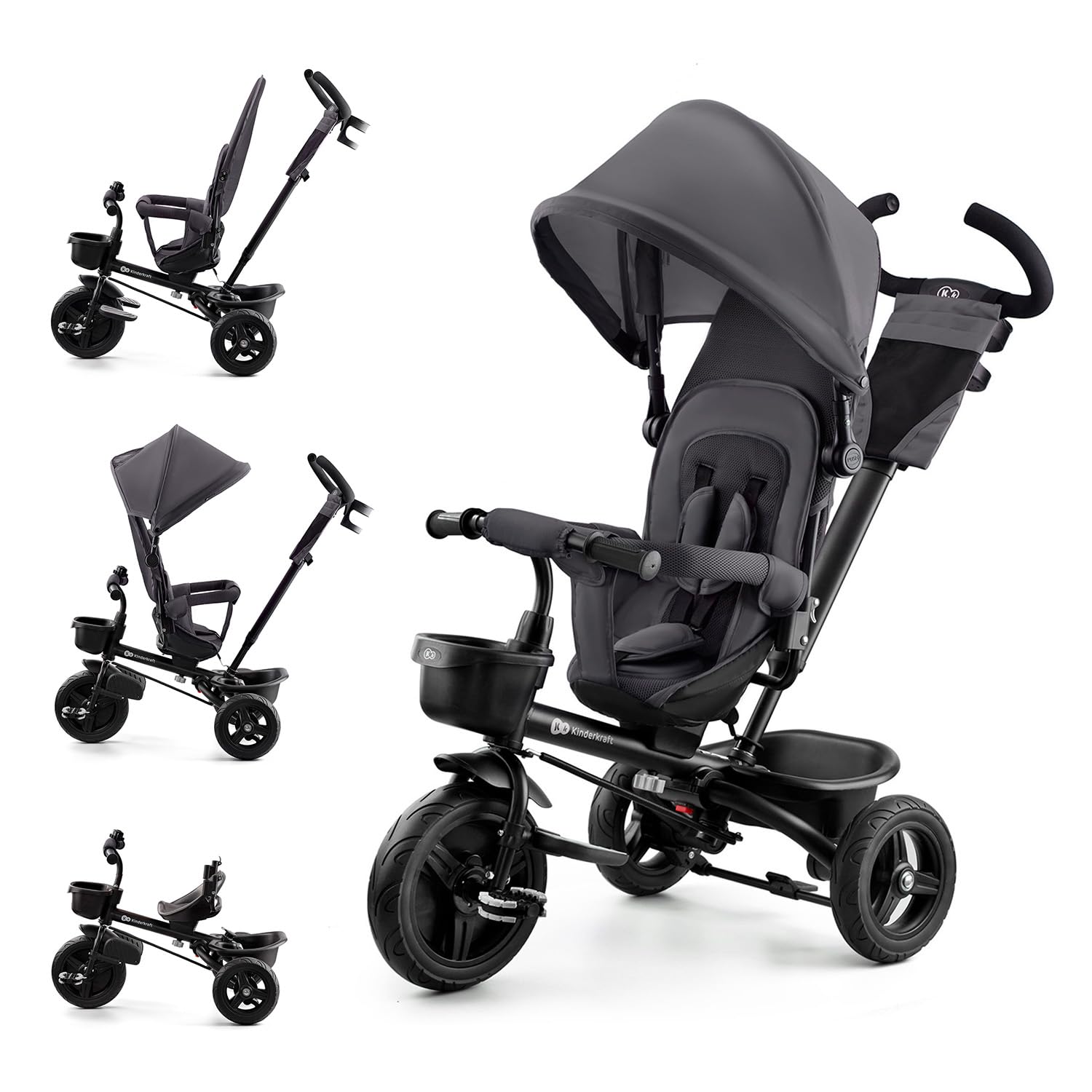 Kinderkraft AVEO Dreirad ab 9 Monate bis 25 kg, Kinderdreirad mit schubstange, Kompakte zusammenklappen, drehbarer Sitz, ausklappbarem Verdeck mit sonnenschutz, Getränkehalter korb im set, Rosa
