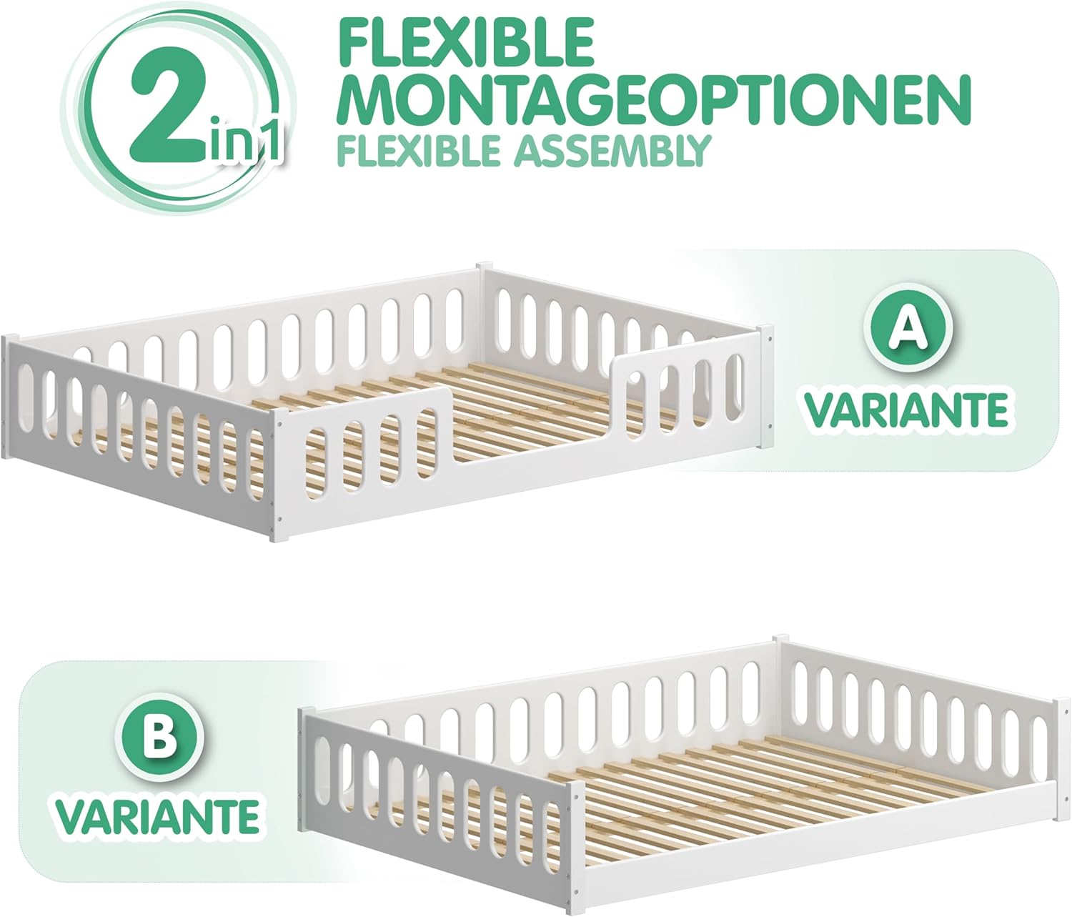 CADANI Monte Letto a terra 2in1 140x200 cm Lettino Montessori con sponda di protezione rimovibile - bianco, 46 kg, portata fino a 200 kg, rete a doghe arrotolabile extra robusta, trasformabile