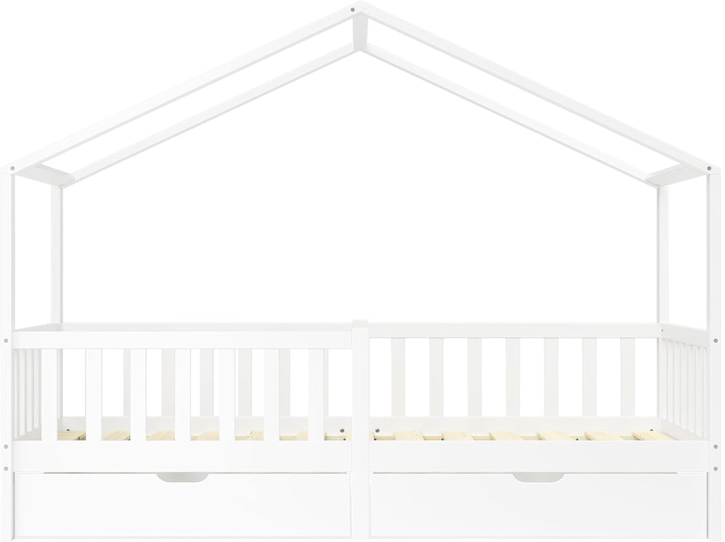 Bellabino Lettino per bambini Bia 140x200 cm, letto a capanna per bambini con protezione anticaduta e rete a doghe arrotolabile, letto a terra Montessori bianco in legno massello di pino