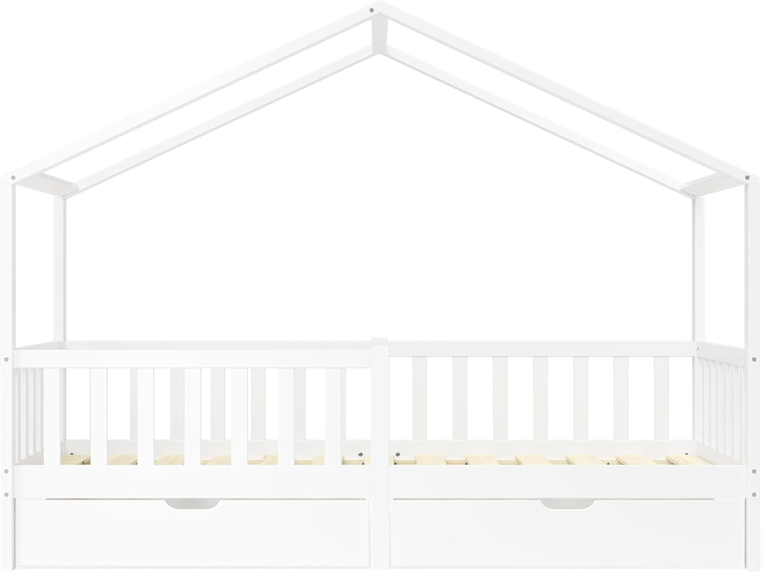 Bellabino Lettino per bambini Bia 140x200 cm, letto a capanna per bambini con protezione anticaduta e rete a doghe arrotolabile, letto a terra Montessori bianco in legno massello di pino