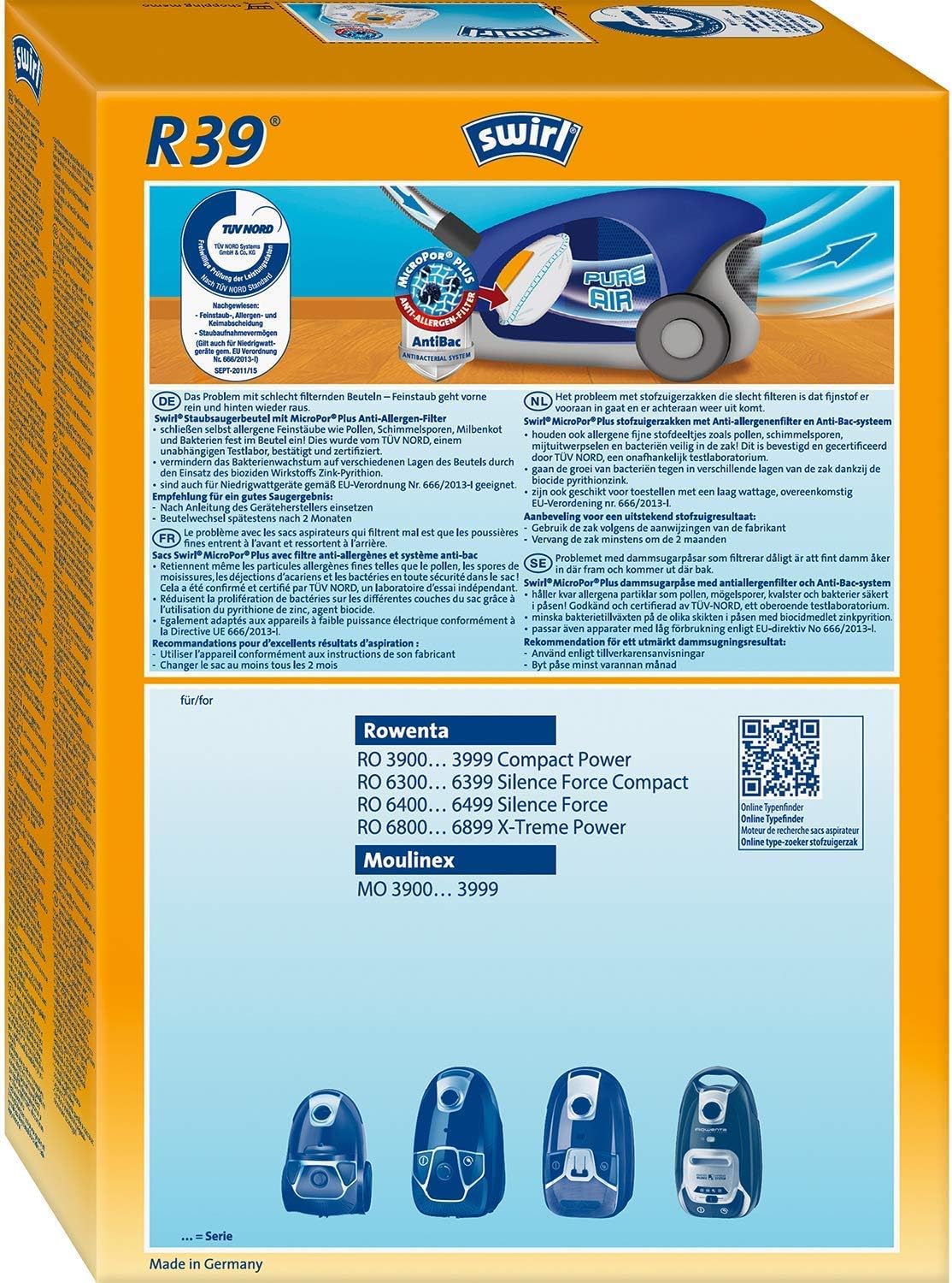 Rowenta RO3950 Aspirapolvere a sacco + Confezione da 4 sacchetti Swirl R 39 per aspirapolvere per un'aspirazione costantemente elevata, volume sacco 3L, 750 W = 2000W, estremamente silenzioso, filtro igienico, con spazzola per parquet