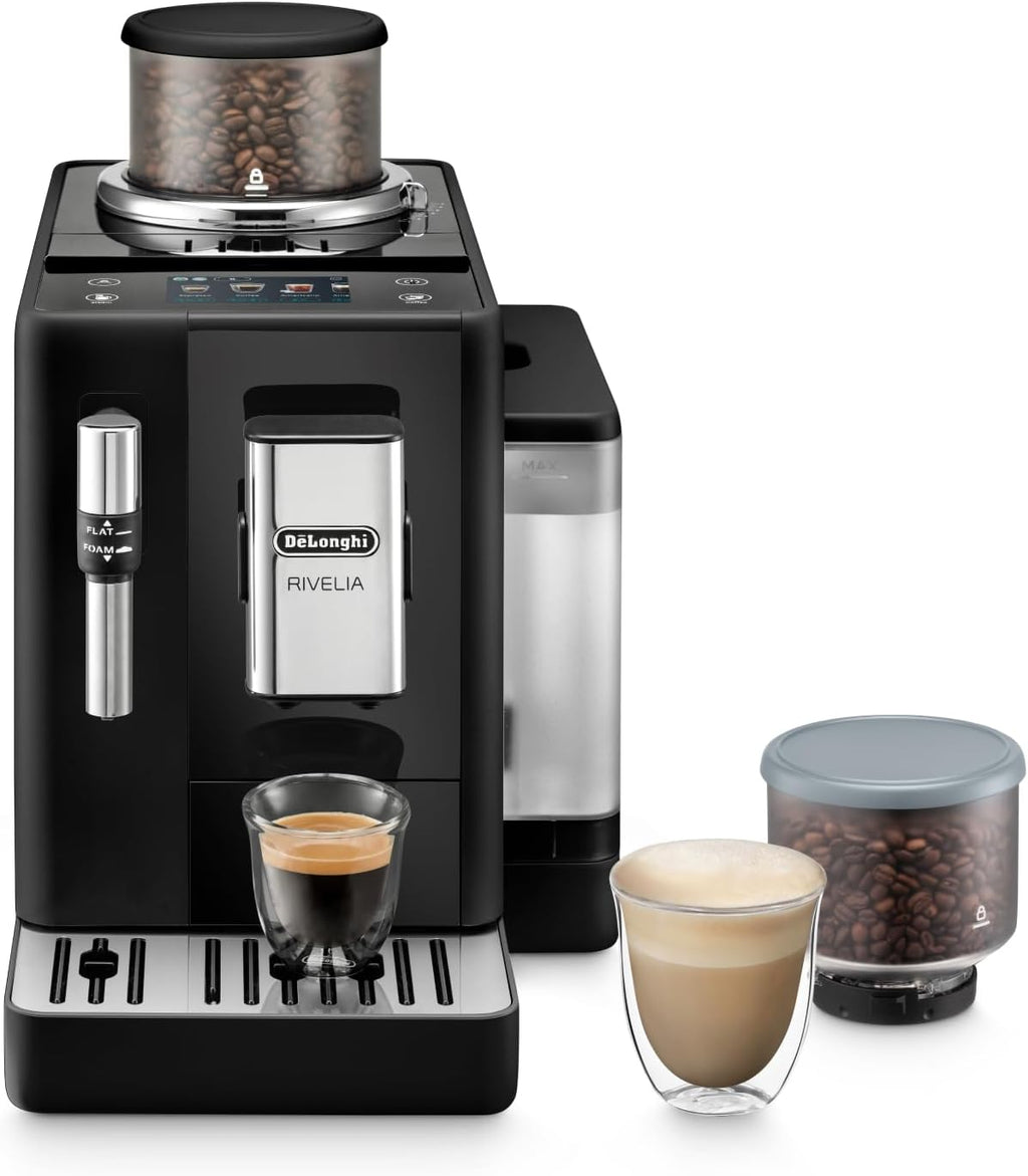 De'Longhi Rivelia EXAM440.35.BG Macchina da caffè automatica con lancia vapore, contenitore chicchi intercambiabile, 8 bevande a base di caffè one-touch, funzione Extra Shot, display touch da 3,5 pollici, Beige