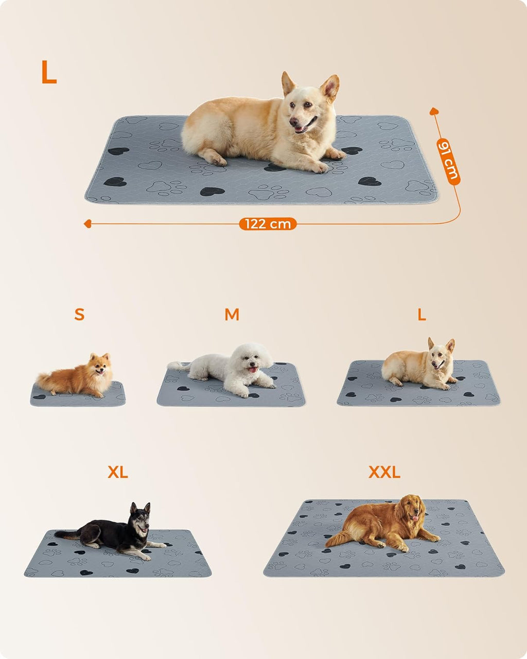 Feandrea Welpen-Unterlagen waschbar, Wiederverwendbare Matten für Hunde, 152 x 122 cm, 2er Set, XL, Hundetoilette, auslaufsicher, rutschfest, super saugfhig, Katzen, Kaninchen, grau PTD048G01