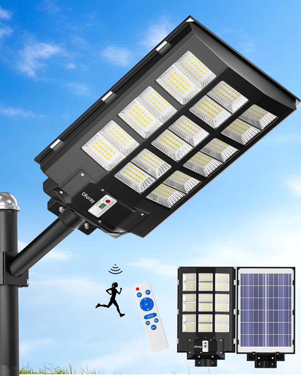 Ofuray 2000W Solar Straßenlaterne für Außen, 200000LM Solarlampen für Außen mit Bewegungsmelder, 6500K Solarleuchten Dämmerung bis zum Morgengrauen, IP67 Wasserdichte wegeleuchte für Parkplatz, Hof