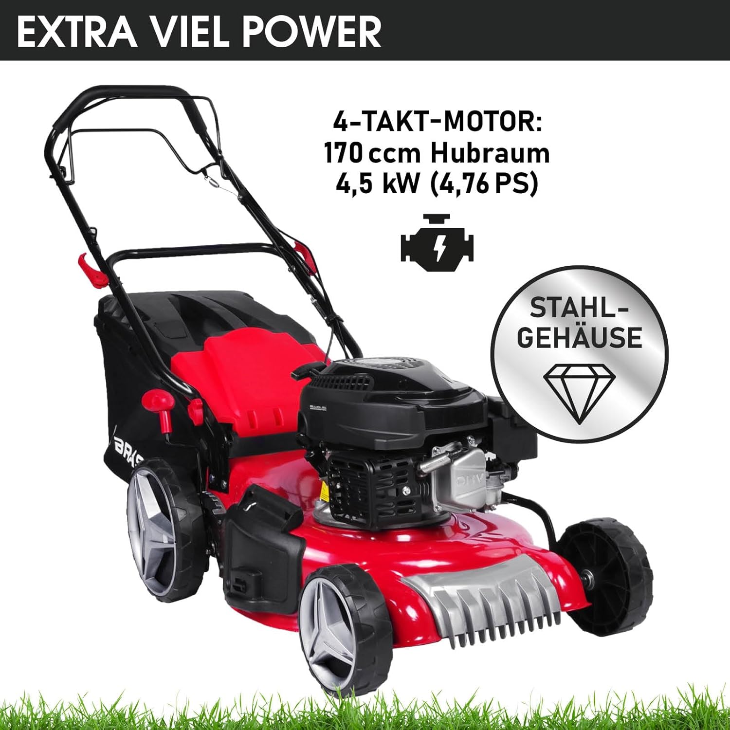 BRAST® Benzin Rasenmäher mit Antrieb | 3,5kW (4,76PS)-5,2kW(7PS) | 46-51cm Schnittbreite | viele Modelle | TÜV | 4 Takt OHV Motor | 30-80mm Schnitthöhe | 60L Fangkorb | Stahlgehäuse | RED LINE 7PS
