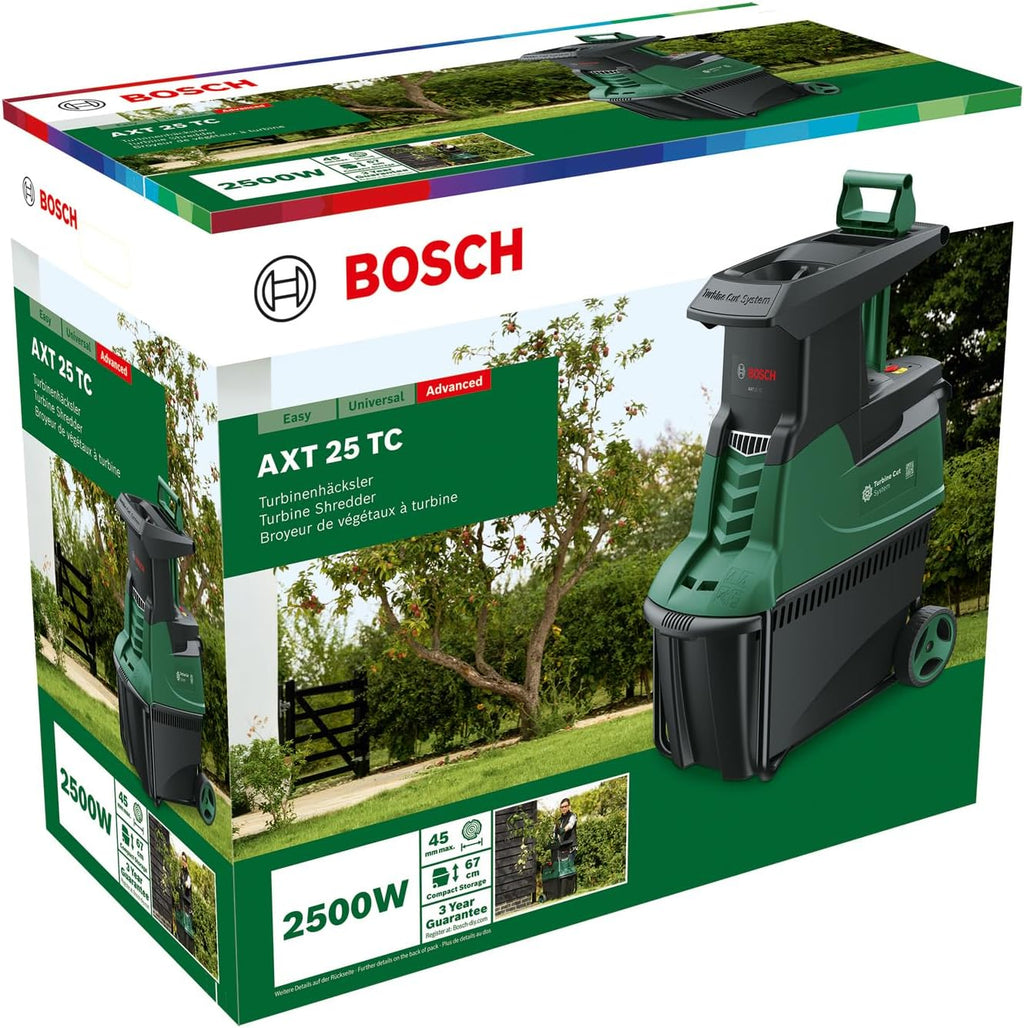 Bosch Trituratore a turbina AXT 25 TC (2.500 W; adatto per legno e residui di giardinaggio duri; include guanti da giardinaggio; contenitore di raccolta integrato da 53 l; in cartone) – Edizione