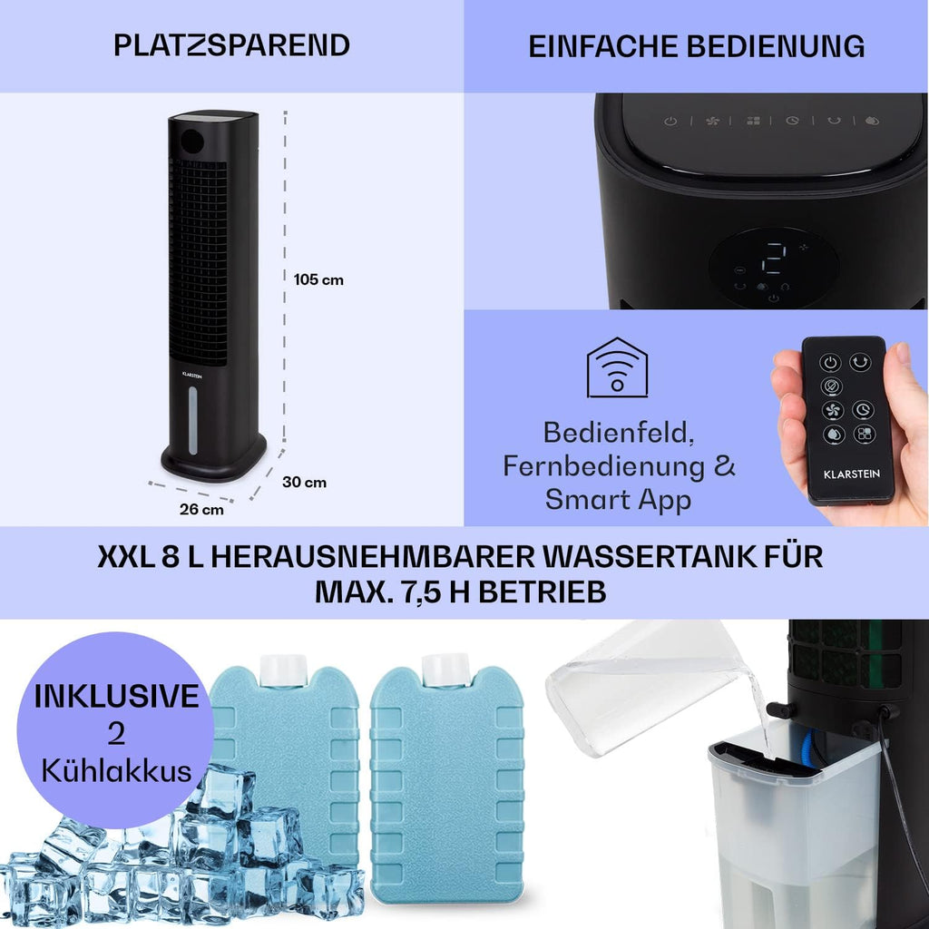 Klarstein Raffreddatore d'aria con Raffreddamento ad acqua, Raffrescatore Evaporativo 5 in 1, Umidificatore, Ventilatore e Purificatore d'aria, Raffreddatore d'aria Portatile con Controllo App, 80W, Flusso d'aria 462m³/h, Bianco