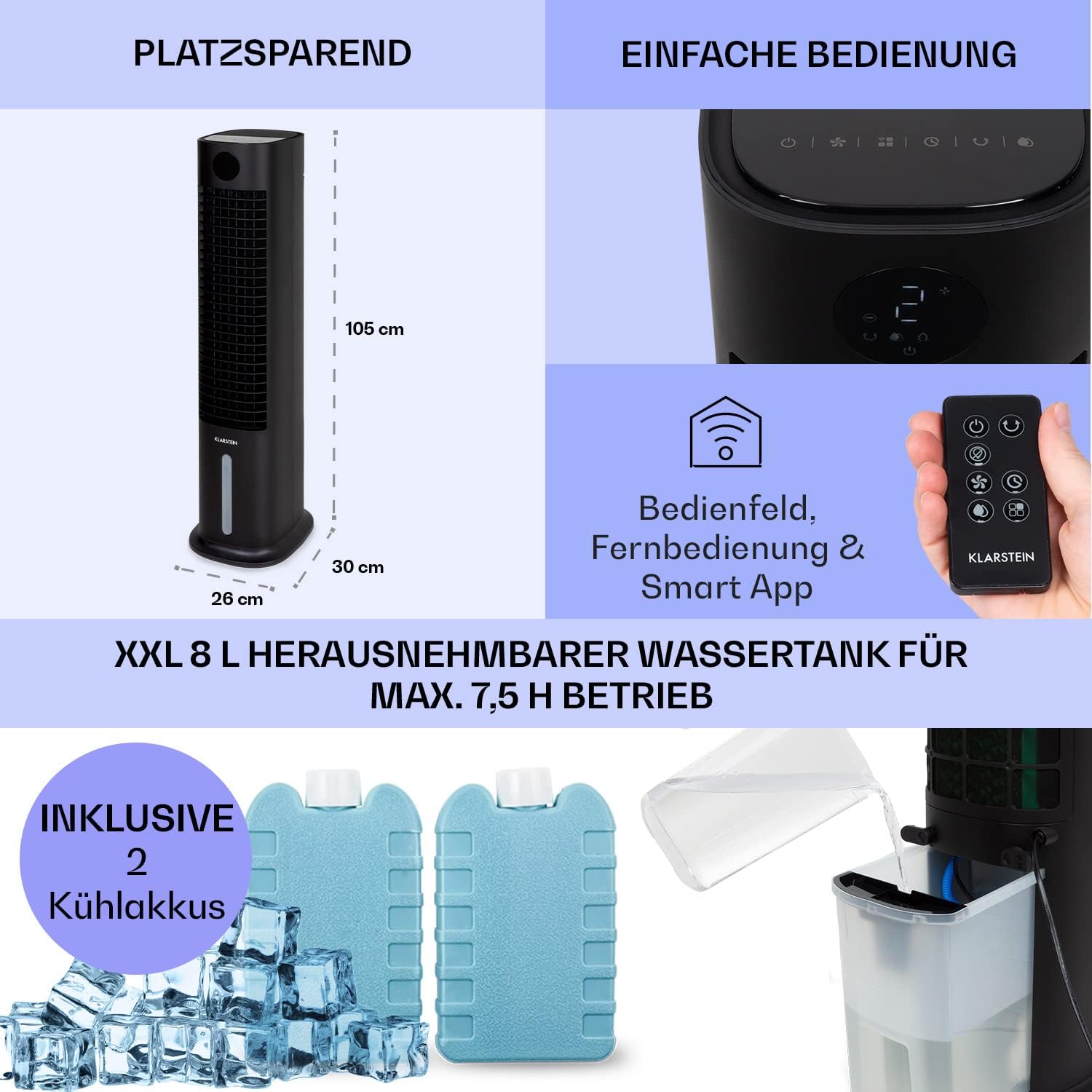 Klarstein Raffreddatore d'aria con Raffreddamento ad acqua, Raffrescatore Evaporativo 5 in 1, Umidificatore, Ventilatore e Purificatore d'aria, Raffreddatore d'aria Portatile con Controllo App, 80W, Flusso d'aria 462m³/h, Bianco
