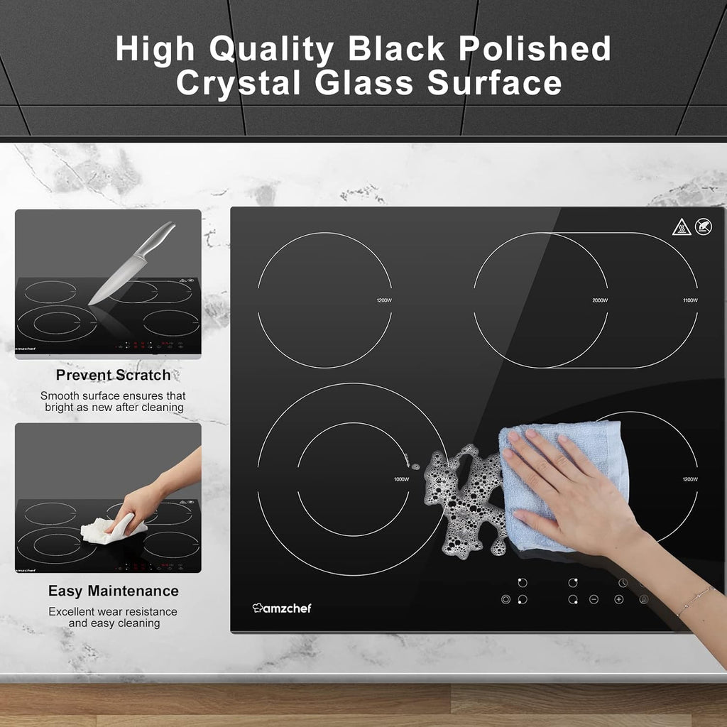 AMZCHEF Induktionskochfeld 60cm mit Zwei Flexzonen, 4 Zonen Induktionskochplatte mit Boost-Funktion und 9 Leistungsstufen, Touch-Bedienung, Timer, Sicherheitsschloss, Überhitzungsschutz, BBQ, 7200W