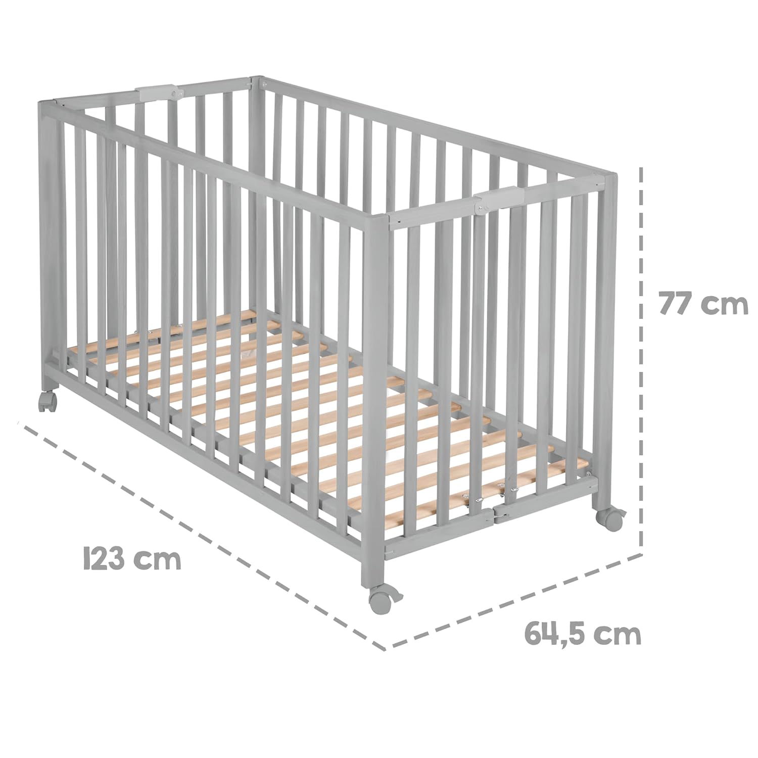 roba Klappbett Fold Up 60 x 120 - Klappbares Babybett aus Holz - 2-fach höhenverstellbar - Platzsparendes Gitterbett auf Rollen - Weiß