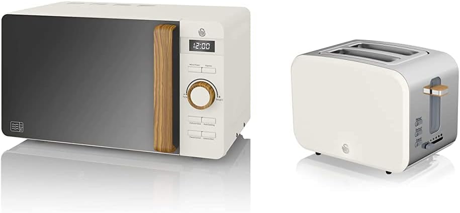 Forno a microonde digitale Swan Nordic da 20 L, 6 livelli di potenza, 800 W, timer da 30 minuti, facile da pulire, modalità scongelamento, design moderno, maniglia effetto legno, bianco opaco