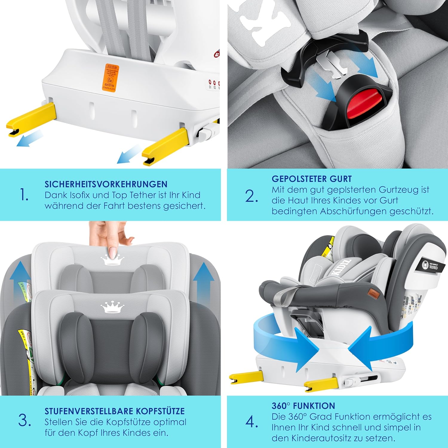KIDIZ® Kindersitz Baby Autositz Kinderautositz Isofix Top Tether 360° drehbar Gruppe 0/1/2/3 ab Geburt 0-36kg Mit Sonnenschutzdach Seitenschutz 5 Punkt Gurt Kopfstützenverstellung ECE R129 Anthrazit