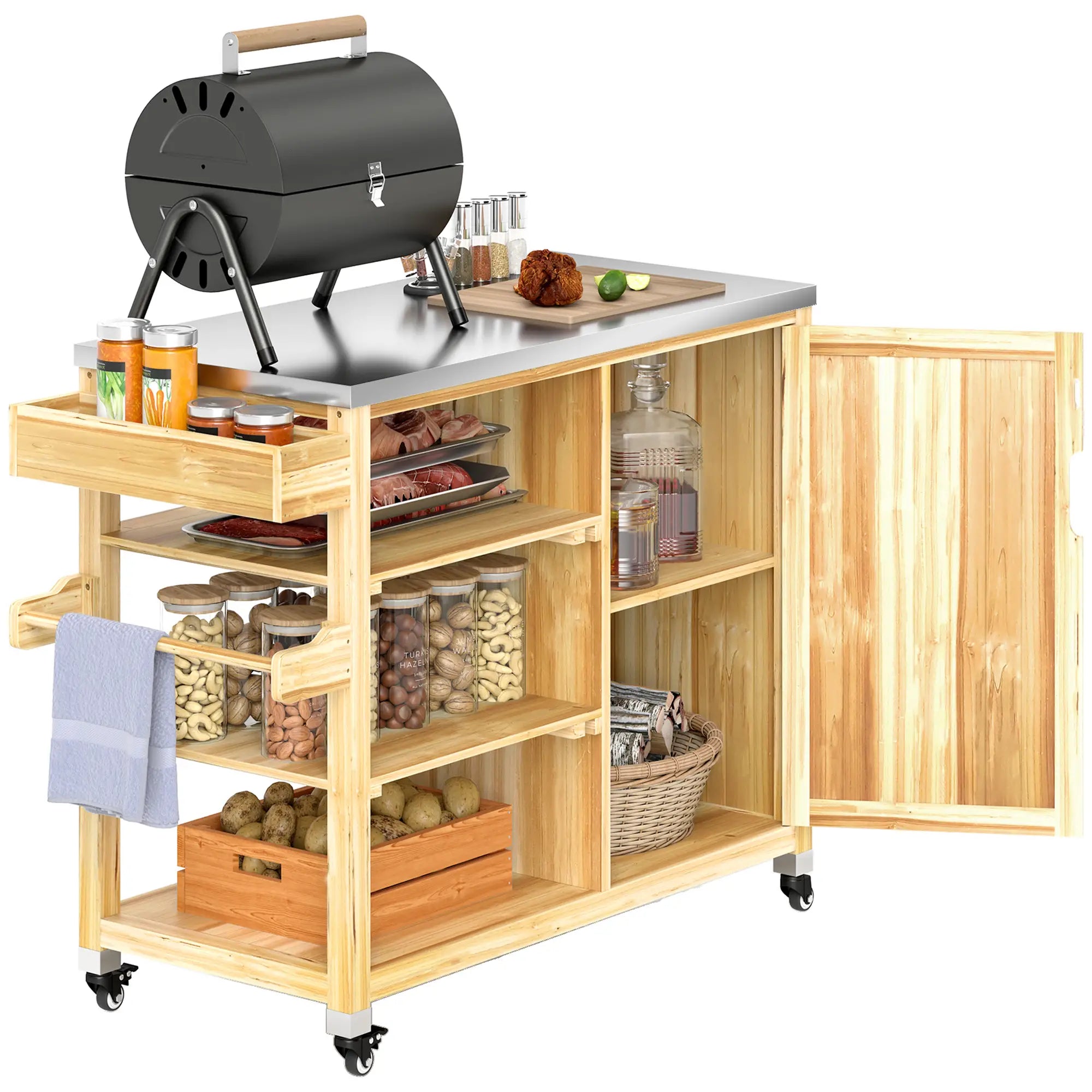 Outsunny Isola Barbecue da Esterno con Ruote in Legno Massello