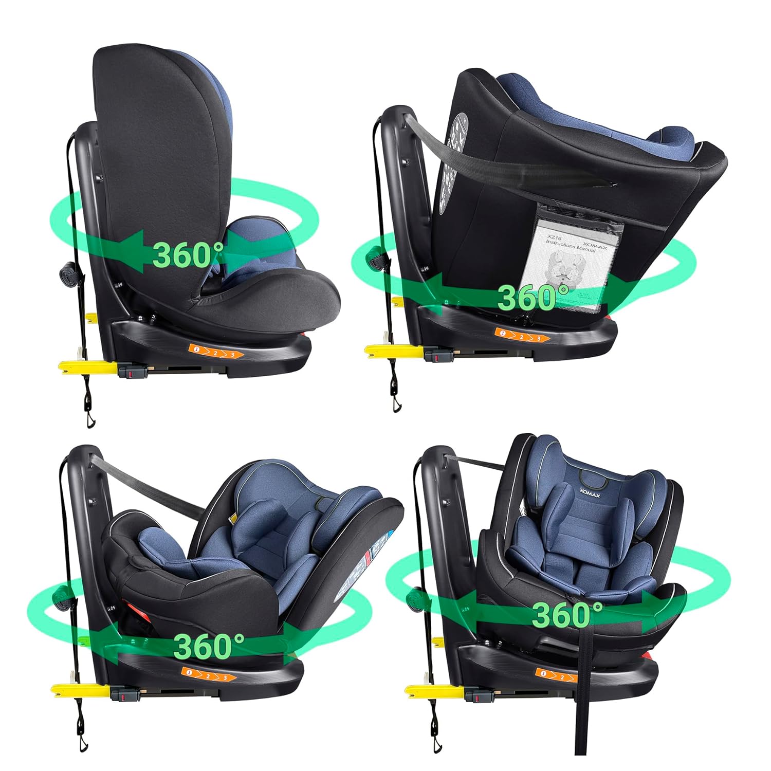 XOMAX XZ-16 Kindersitz drehbar 360° mit ISOFIX und Liegefunktion I mitwachsend I 0-36 kg, 0-12 Jahre, Gruppe 0/1/2/3 I 5-Punkt-Gurt und 3-Punkt-Gurt I Bezug abnehmbar, waschbar I ECE i-Size 129R