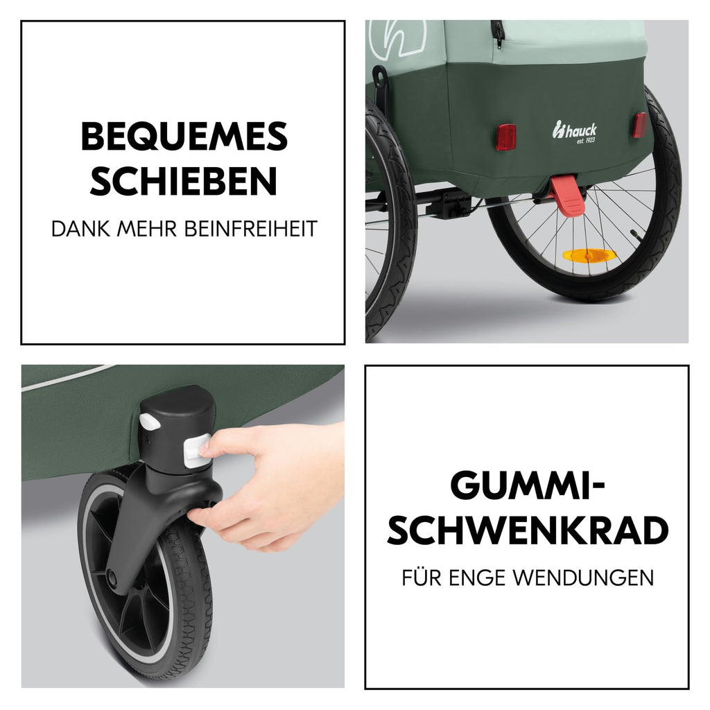 hauck Rimorchio Bici & Passeggino Dryk Duo Plus con Sospensioni, per 2 Bambini (6-48 mesi), incl. Timone, Ruota da Passeggino, Bandierina e Luce LED, Pieghevole, Regolabile in Altezza, Baule XL (Verde Scuro)