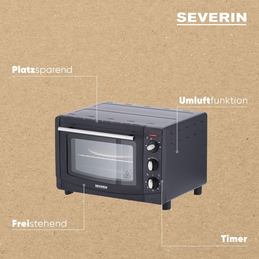 SEVERIN Back- und Toastofen mit Umluftfunktion, Mini Backofen mit Grillrost, Backblech, Drehspie und Pizzastein, vielseitiger Heiluftofen mit 20 L Kapazitt, 1.500 W, schwarz, TO 2068