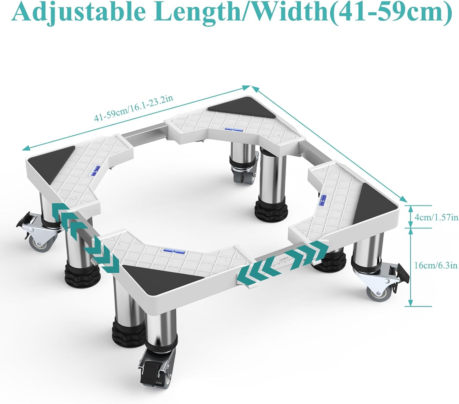 DEWEL Base Regolabile per Lavatrice, Carico Massimo 300KG, Supporto Piedistallo per Asciugatrice, Frigorifero, Congelatore, Larghezza 45-65cm, Altezza 18–22cm, Bianco