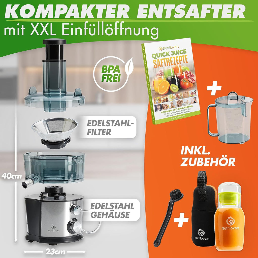 Nutrilovers *Vincitore del test* QUICK-JUICER Centrifuga in acciaio inox per frutta e verdura I Imboccatura XXL per spremere frutta intera, 800W, 2 velocità, senza BPA incl. borraccia + libro di ricette e app