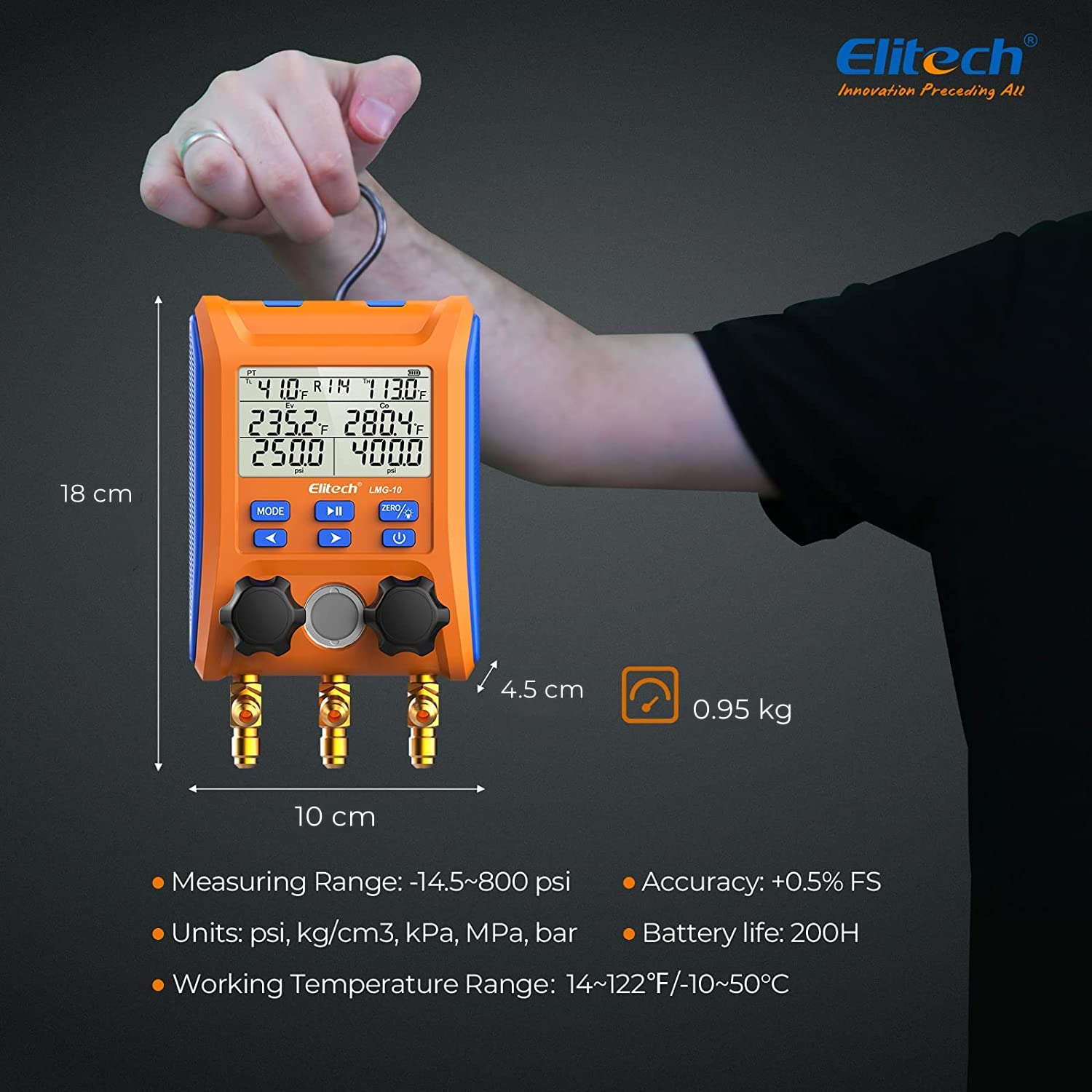 Elitech Kältetechnik Manometro Digitale Collettore di Ricarica, Set Manometrico Digitale ad Alta Precisione Tester Perdite di Pressione Temperatura Vuoto per Frigoriferi LMG-10