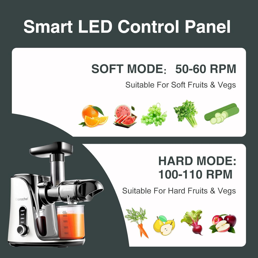 AMZCHEF Estrattore di Succo per Frutta e Verdura con 2 Modalità di Velocità - Slow Juicer con Bottiglia Portatile e 2 Tazze - Cold Press Juicer Senza BPA con LED Intelligente e Funzione di Inversione - Nero