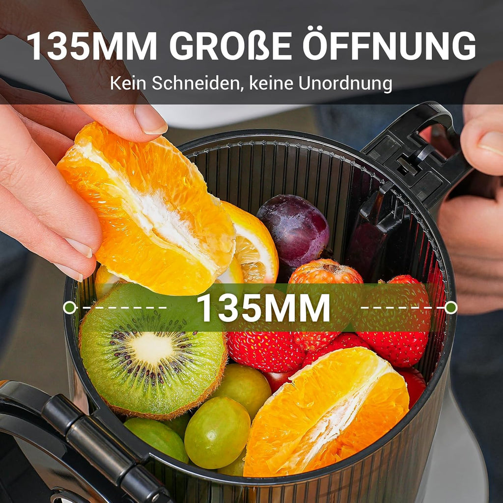 AMZCHEF Estrattore di Succo Automatico Tutto in Uno, Apertura da 135MM e Spremiagrumi da 1,8L per Frutta e Verdura, Estrattore di Succo Lento 250W Vincitore del Test con Triplo Filtro - Nero