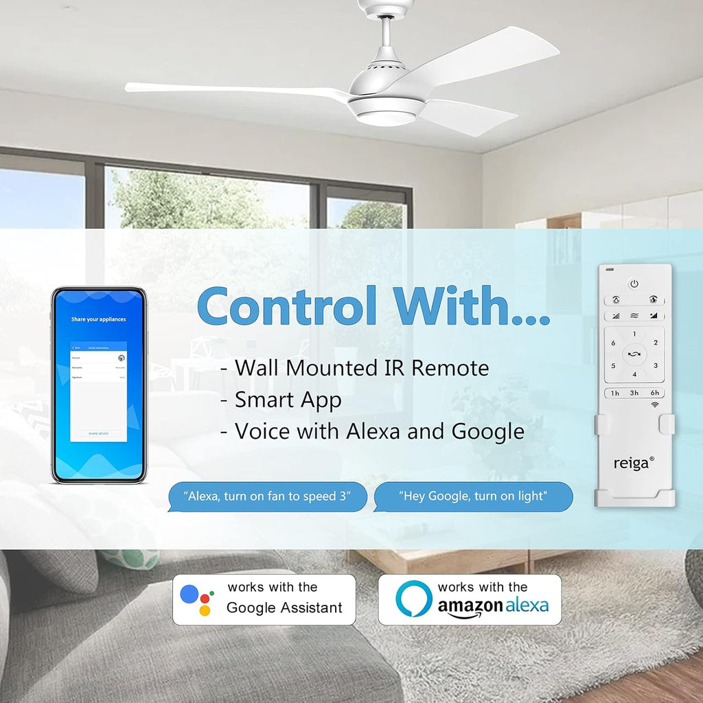reiga Ventilatore da soffitto WiFi 132 CM con illuminazione a LED dimmerabile e telecomando, 3 temperature di colore, motore DC 6 velocità, compatibile con l'App Alexa Google Home, legno e marrone