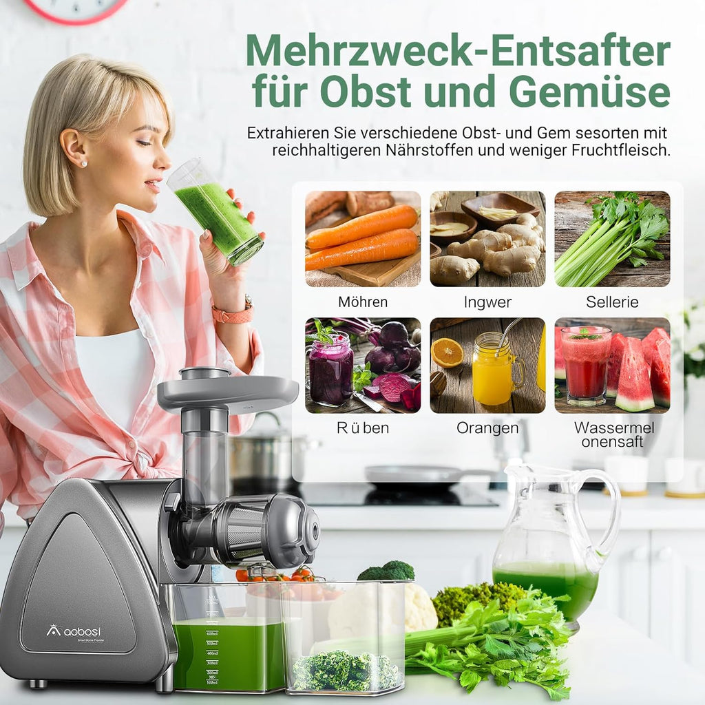 【Neues】Entsafter AOBOSI-Slow juicer mit 2 Geschwindigkeitsstufen-Entsafter gemüse und obst mit 8 stufiger Schnecke-Saftpresse mit Reinigungsbürste&2 Bechern-Obstpresse mit Reversierfunktion
