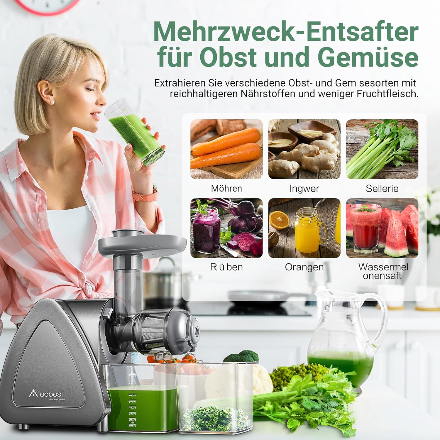 【Neues】Entsafter AOBOSI-Slow juicer mit 2 Geschwindigkeitsstufen-Entsafter gemüse und obst mit 8 stufiger Schnecke-Saftpresse mit Reinigungsbürste&2 Bechern-Obstpresse mit Reversierfunktion