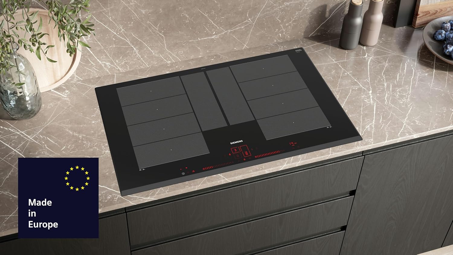 Siemens EX851LYV5E, iQ700, piano cottura a induzione intelligente 80 cm, autonomo, senza cornice, Touch & Slide, varioInduktion Plus, flexZone intelligenti, Bratsensor Plus, sistema cookConnect, Nero
