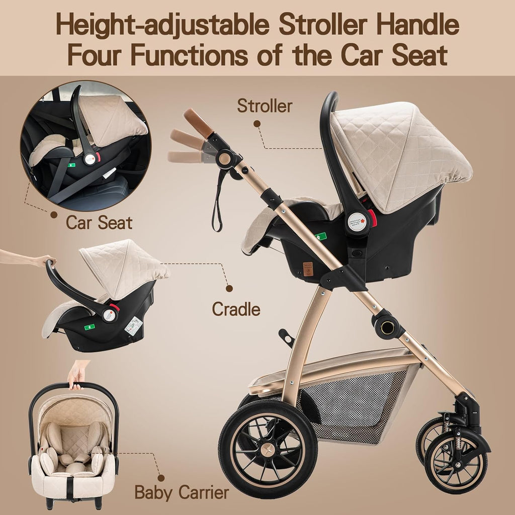 Gcarebb Passeggino 3 in 1, Buggy con Ovetto, Set Completo Passeggino Regolabile in Altezza, Passeggino Combinato con Telaio in Alluminio per Neonati 0-4 Anni
