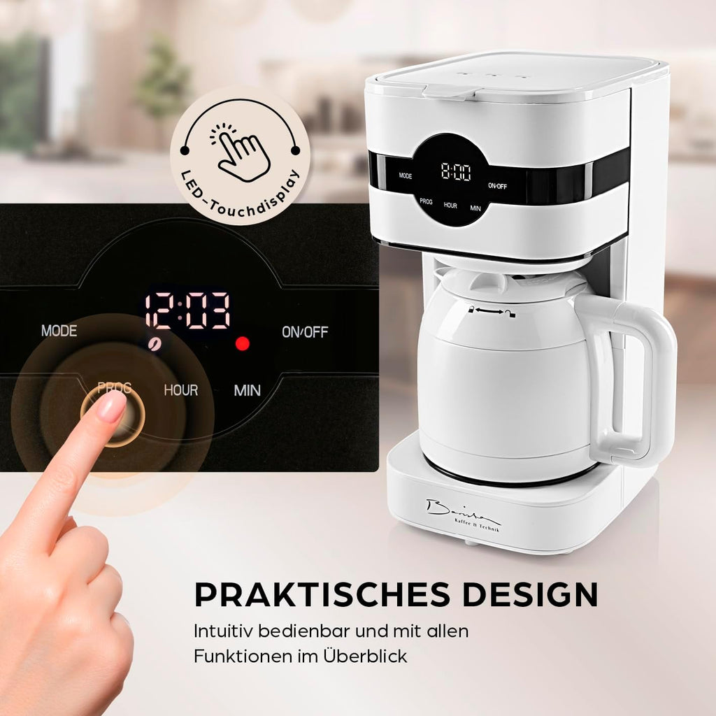 Barista Kaffeemaschine mit Mahlwerk | Filterkaffeemaschine mit Glaskanne | 900W Filtermaschine mit Touchdisplay & Timerfunktion für bis zu 10 Tassen | 1,25 Liter Kaffeekanne | Für Bohnen & Pulver