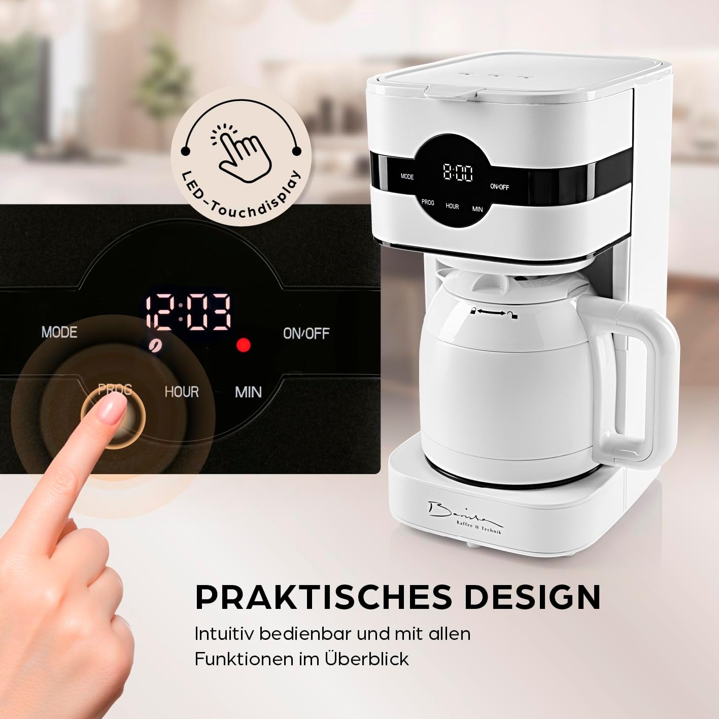 Barista Kaffeemaschine mit Mahlwerk | Filterkaffeemaschine mit Glaskanne | 900W Filtermaschine mit Touchdisplay & Timerfunktion für bis zu 10 Tassen | 1,25 Liter Kaffeekanne | Für Bohnen & Pulver