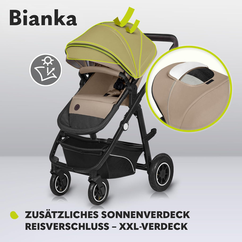 LIONELO BIANKA Kinderwagen 3 in 1 bis 22 kg Babywanne Autositz Zusammenlegbar, Reise-System, Einstellung der Rückenlehne, Räder 360o Stoßdämpfer, Verdeck XXL